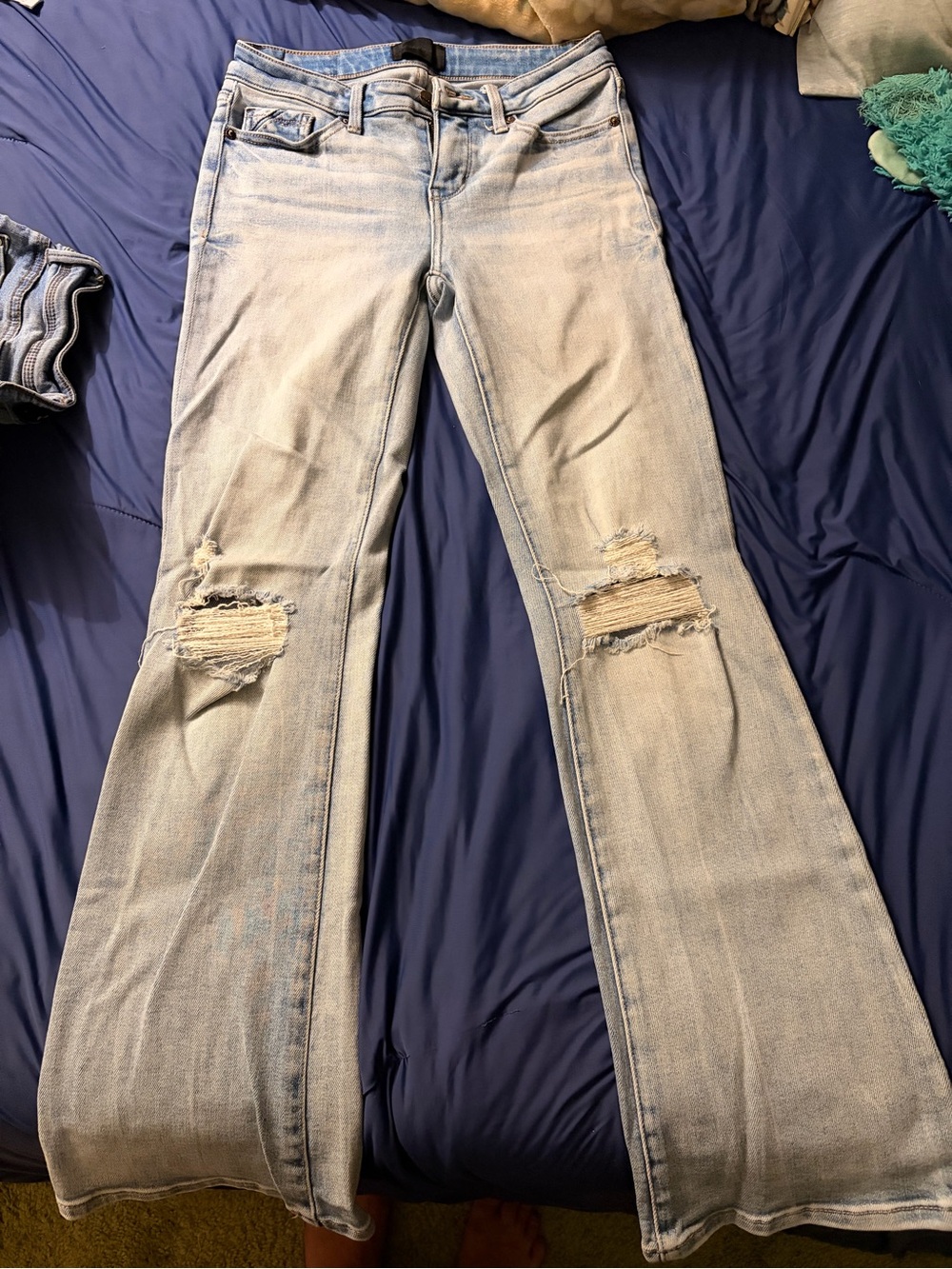 Buckle Black, Light Blue Distressed Flare Jeans